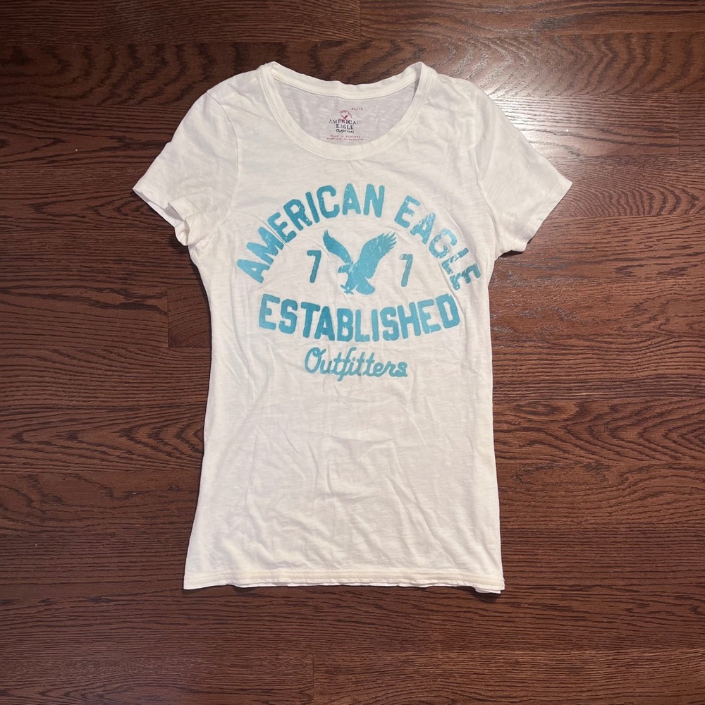 y2k white & teal american eagle graphic top large